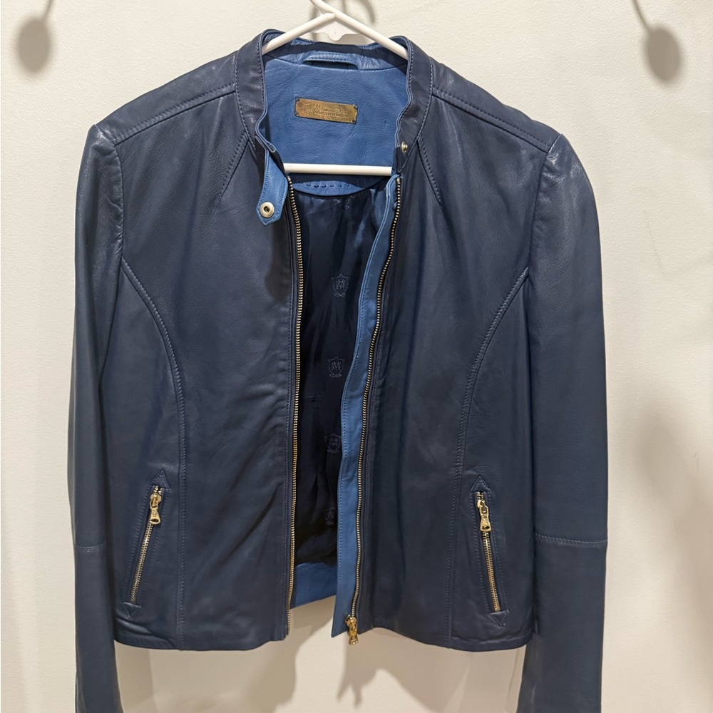 Massimo Dutti Blue Leather Biker-Style Jacket - Picture 2 of 3